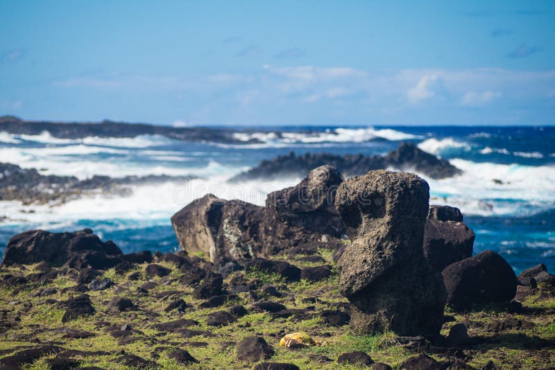 Little moai near Ahu Akahanga in easter island fallen moais royalty free stock image Little moai near Ahu Akahanga in easter island fallen moais royalty free stock image