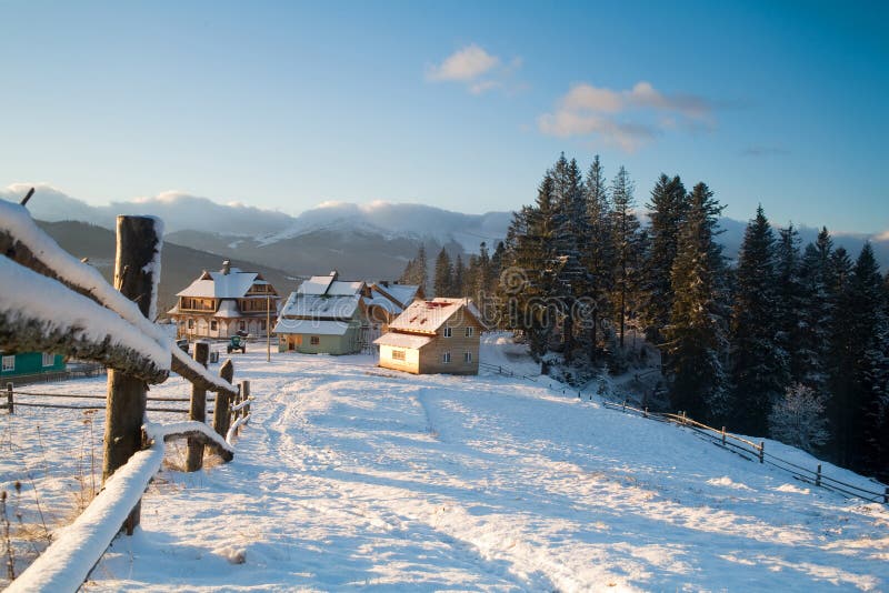 Little mountain village stock photo. Image of blue, house 7640136