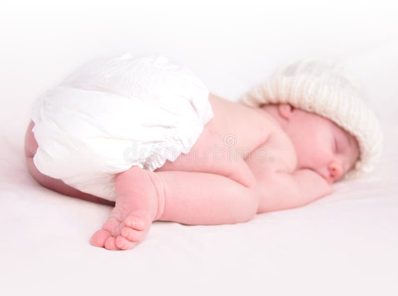 Little Newborn Baby Sleeping on White with Blanket Stock Photo Image