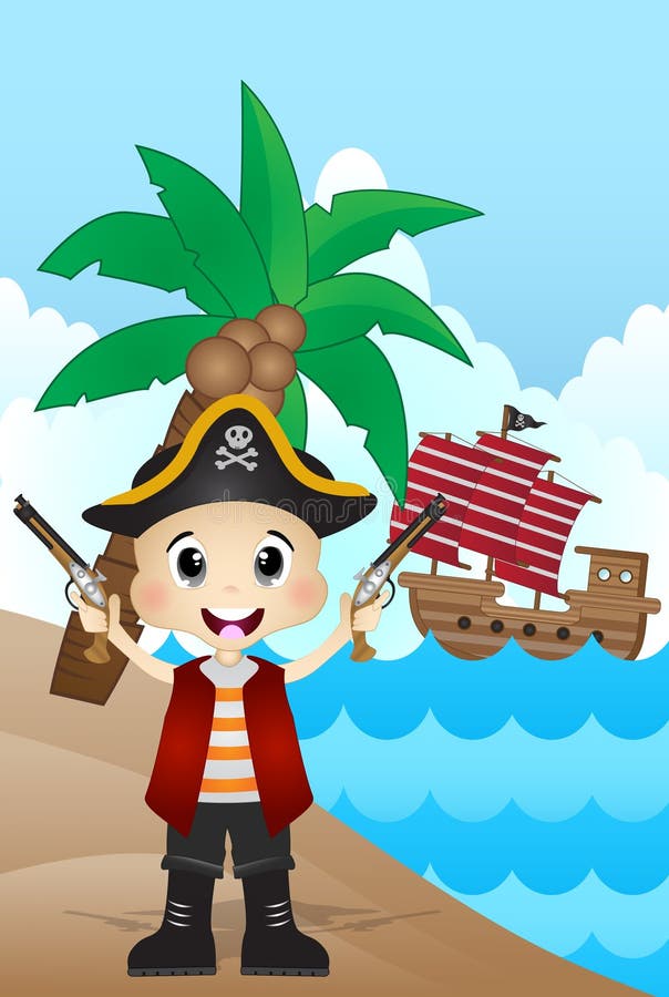 Little Pirate on Beach Cartoon Vector Stock Vector - Illustration of ...
