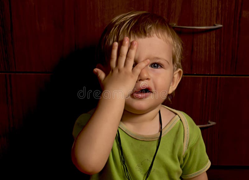 Little Playful Boy Closes Eyes a Hand Jokingly Stock Photo - Image of ...