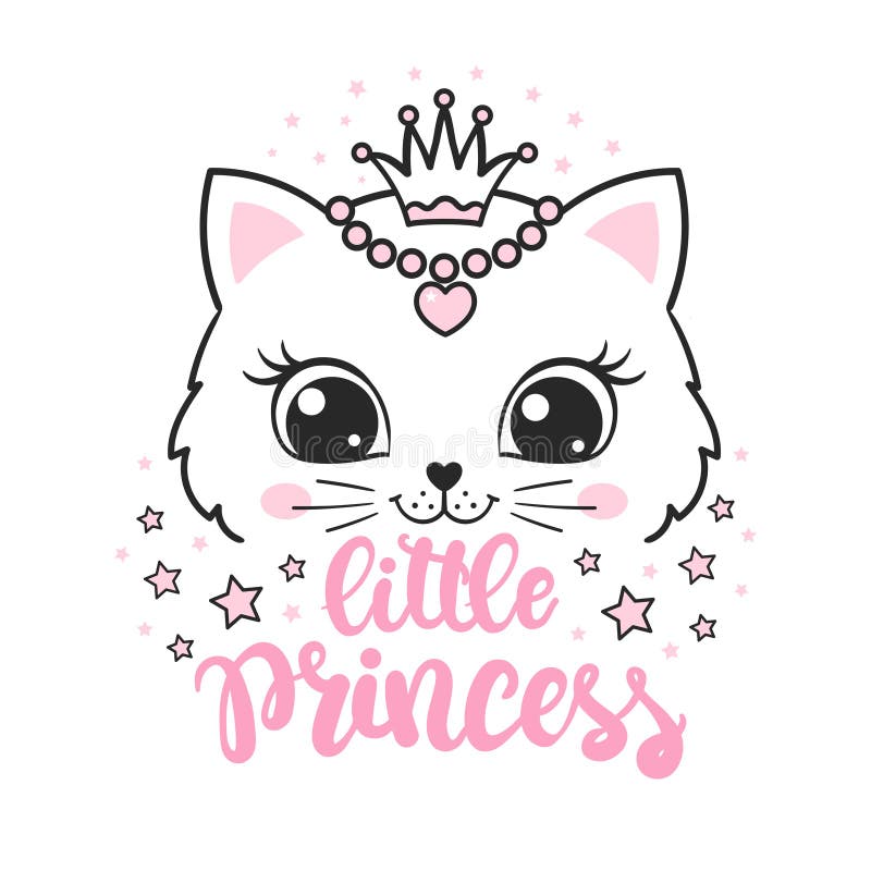 Little princess slogan. Cute cat face with a crown. Vector