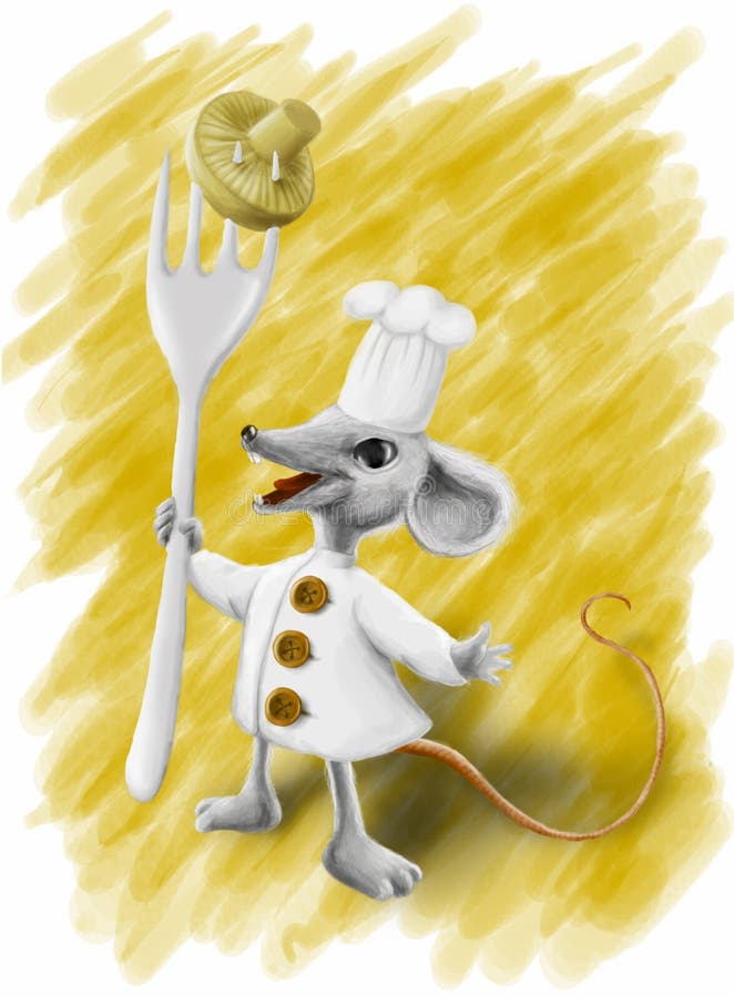 Myši variť v bielych šatách s tri veľké tlačidlá a vysoký čiapku na hlavu.