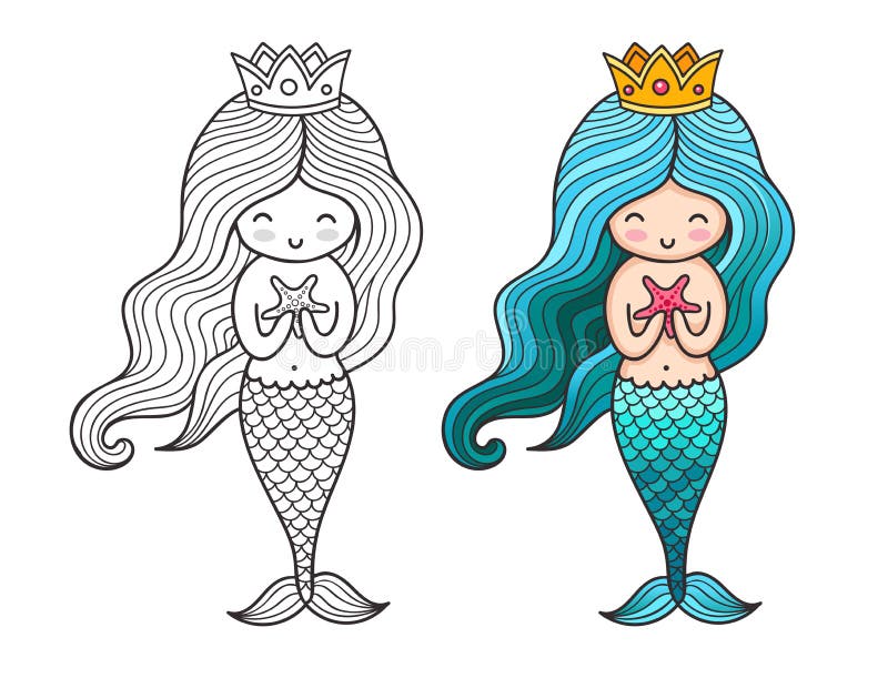 Little Queen Mermaid with Starfish. Stock Vector - Illustration of kawaii,  fish: 123397613