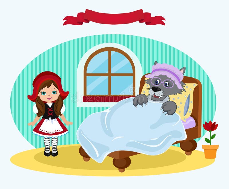 Little Red Riding Hood And The Bed In Which Lies The Wolf Stock Vector Illustration Of Background Riding
