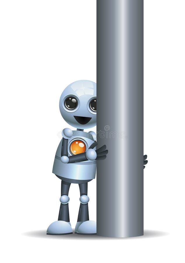 little robot hidding behind iron pole