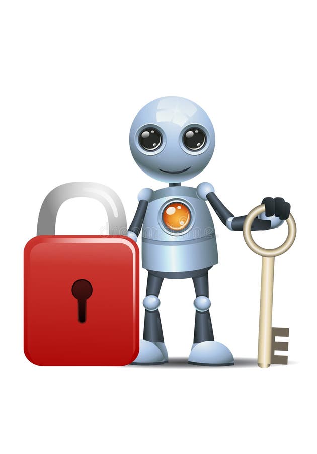 Little robot hold key for security pad lock stock illustration Little robot hold key for security pad lock stock illustration