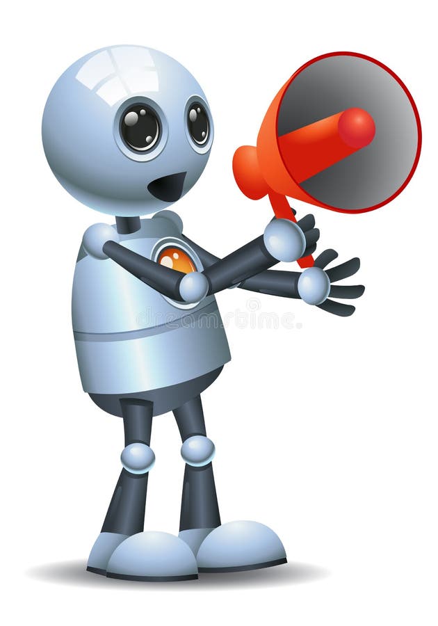Little robot hold megaphone on isolated white background vector illustration