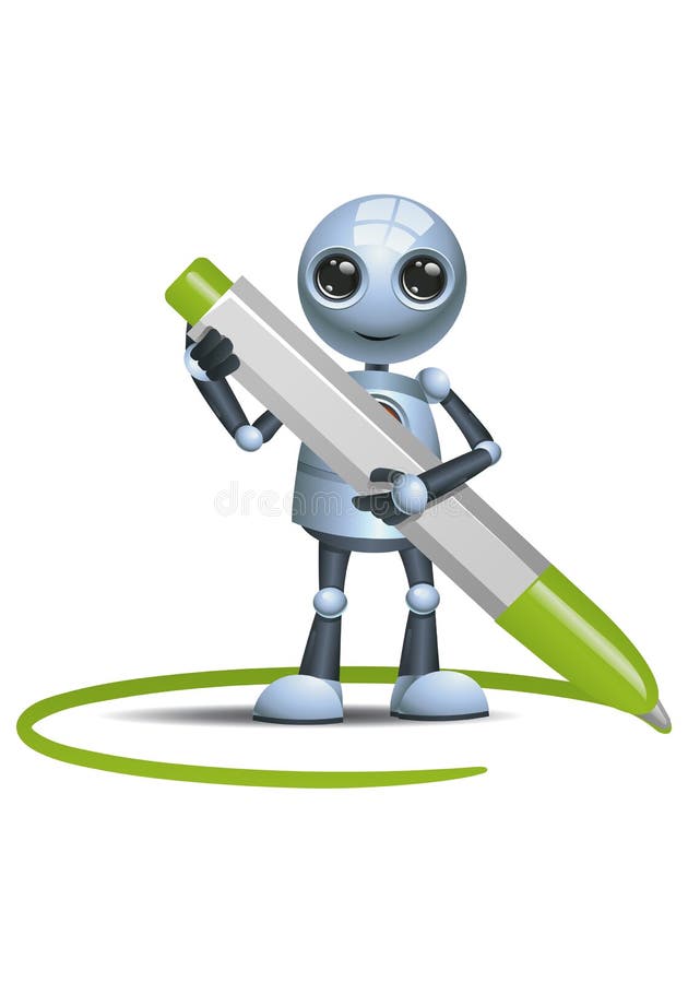 Little robot hold pen on isolated white background vector illustration