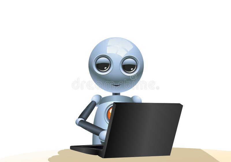 Little robot playing computer on isolated white background vector illustration Little robot playing computer on isolated white background vector illustration