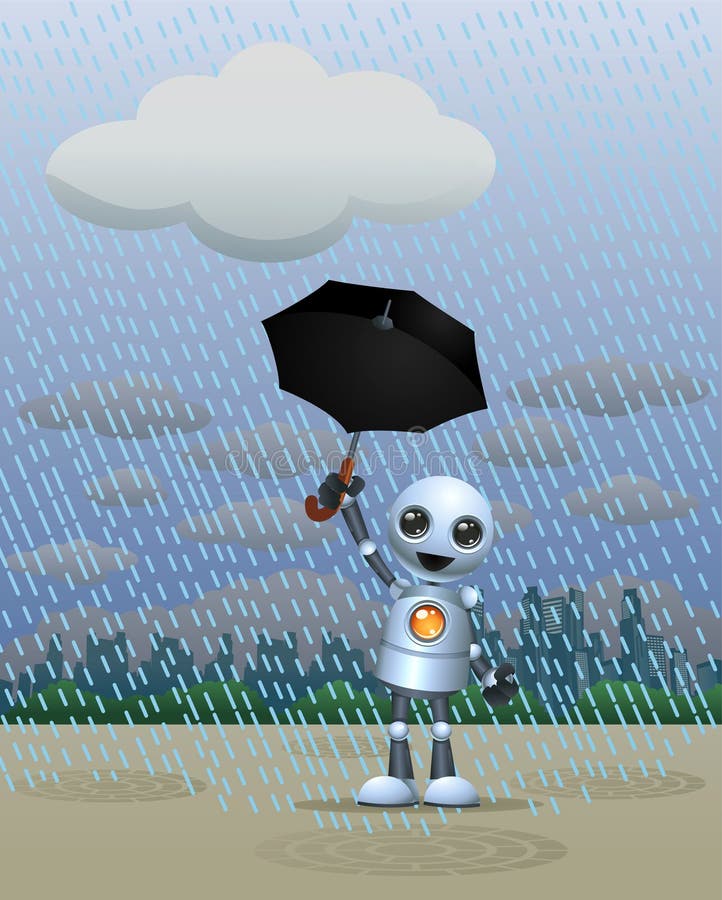Illustrazione di un felice piccolo robot a giocare sotto la pioggia in possesso ombrellone sulla città di sfondo.