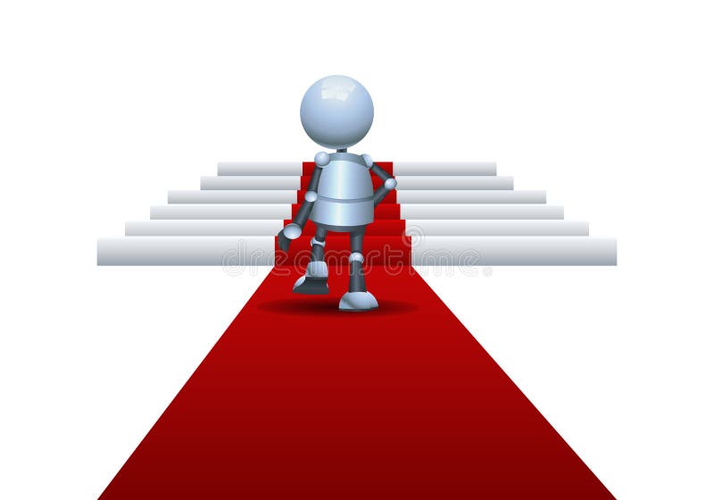 Little robot walking on red carpet going up to podium royalty free illustration Little robot walking on red carpet going up to podium royalty free illustration