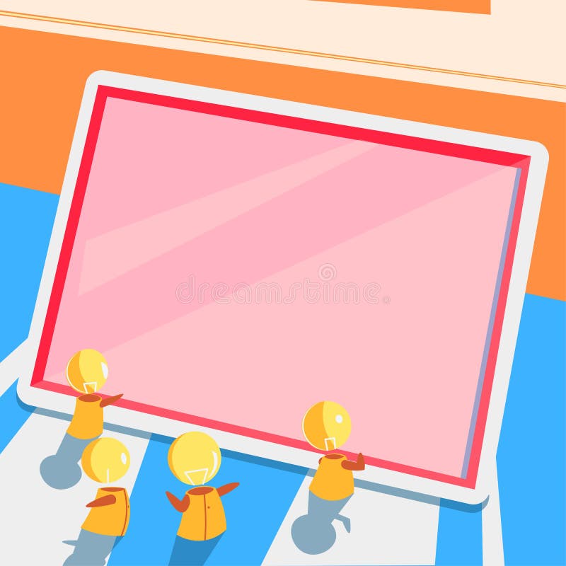 Little Robots Drawing Pressing On Tablet With Important Messages. Small Robotic Men Pointing On Cellphone Screen With royalty free stock image