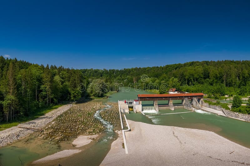 A sandbank in front of the isar river and a weir, shot by a drone. royalty free stock images A sandbank in front of the isar river and a weir, shot by a drone. royalty free stock images