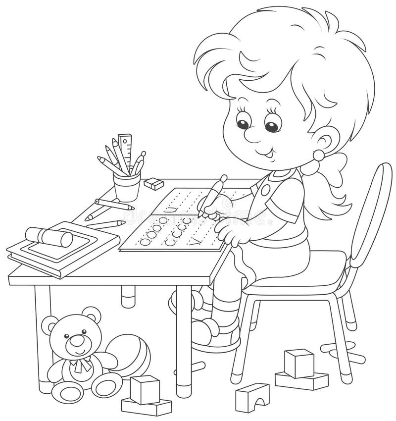 Girl Doing Homework After Her Game With Toys Stock Vector Illustration Of Coloring Page