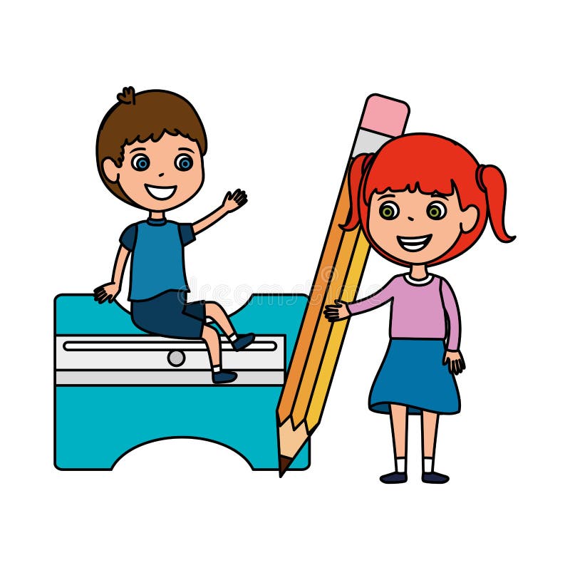 Little Students Kids with Sharpener and Pencil Stock Vector ...