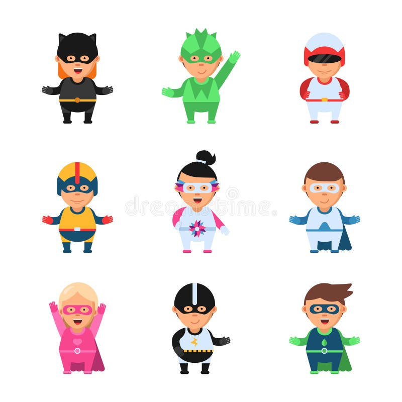 Little superheroes. Hero comic cartoon 2d figures of kids in colored mask game toy sprite vector characters isolated vector illustration Little superheroes. Hero comic cartoon 2d figures of kids in colored mask game toy sprite vector characters isolated vector illustration