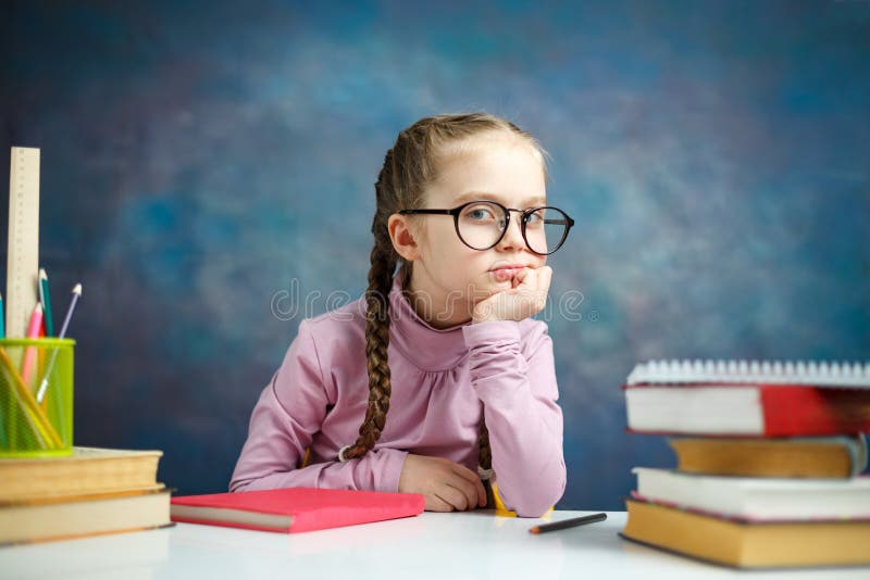 Little Thoughtful Caucasian Student Girl Study