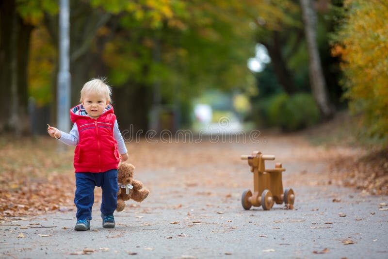 Little toddler boy with teddy bear, riding wooden dog balance bike in autumn park on a sunny warm day, children leisure activities and happiness concept