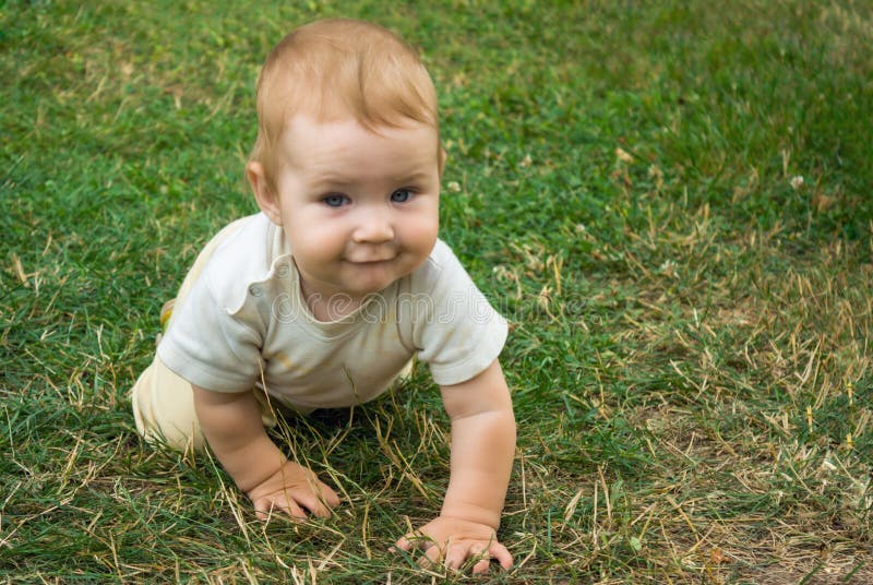 Little toddler boy trains his crawling skills. The child happily crawls on the green grass. stock images Little toddler boy trains his crawling skills. The child happily crawls on the green grass. stock images