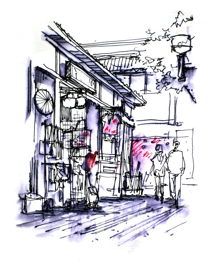 Little Tokyo, Japanese Shopfront Drawing Stock Illustration