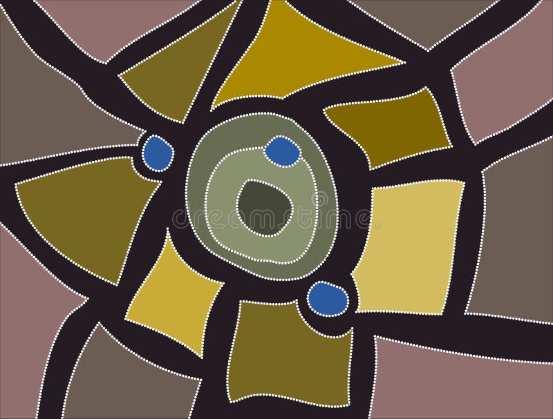 A illustration based on aboriginal style of dot painting depicting little town. Australian aboriginal border vectors