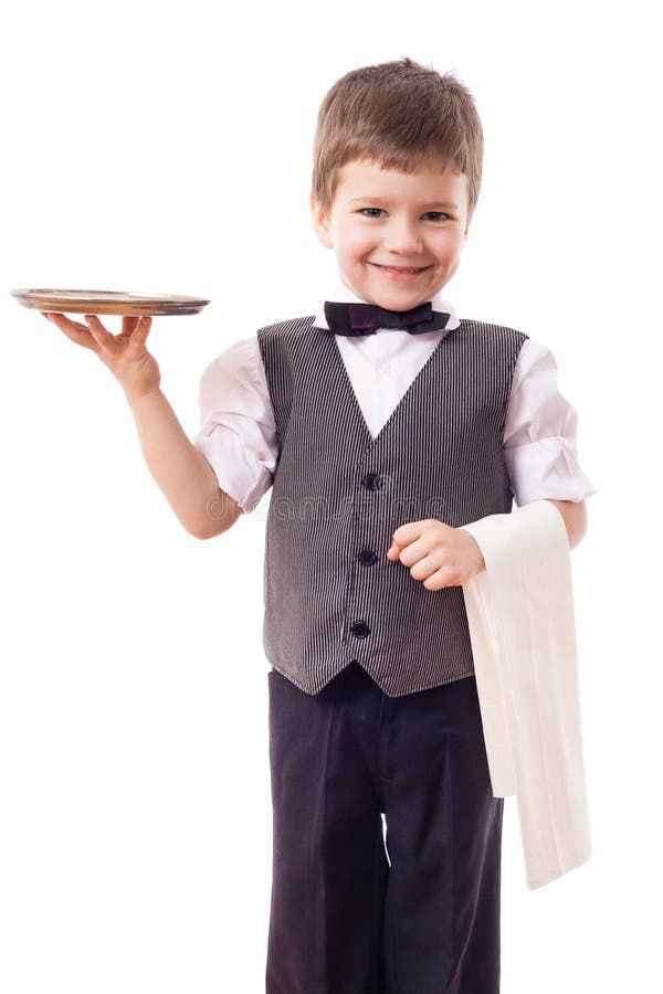 Little waiter with tray and towel