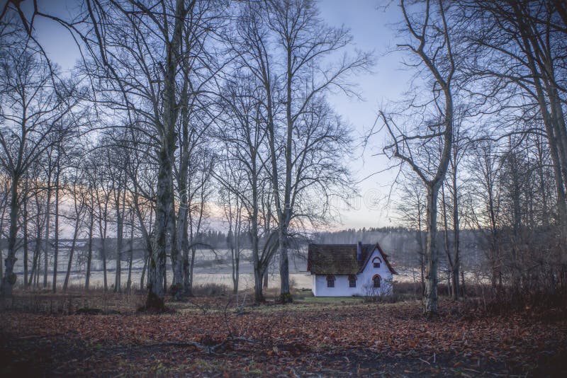 Little white cottage in colourful forest. Small, old cottage in colourful winter/autumn woods. Fields in the background royalty free stock photography Little white cottage in colourful forest. Small, old cottage in colourful winter/autumn woods. Fields in the background royalty free stock photography