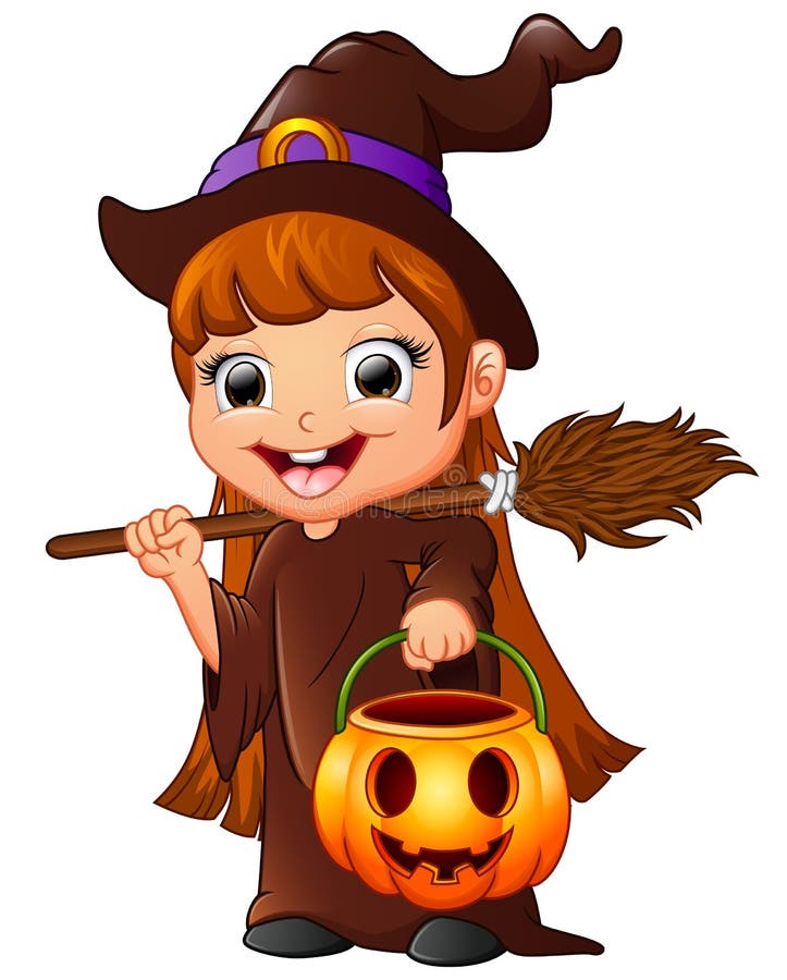 Little witch cartoon holding broom and pumpkin. 