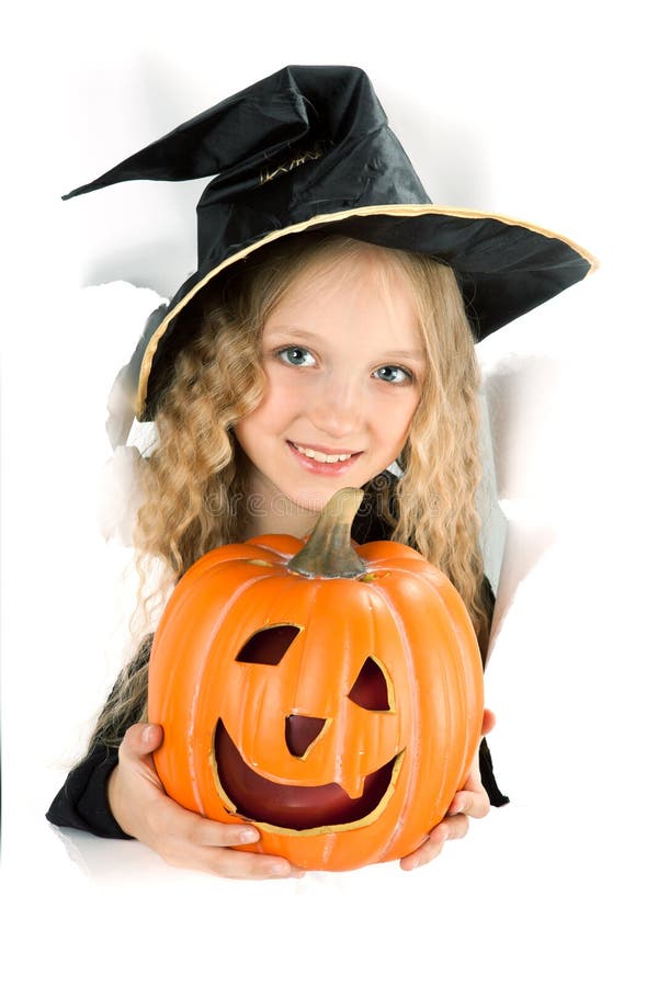 Little Witch Peeking through a Hole in White Paper Stock Photo - Image ...