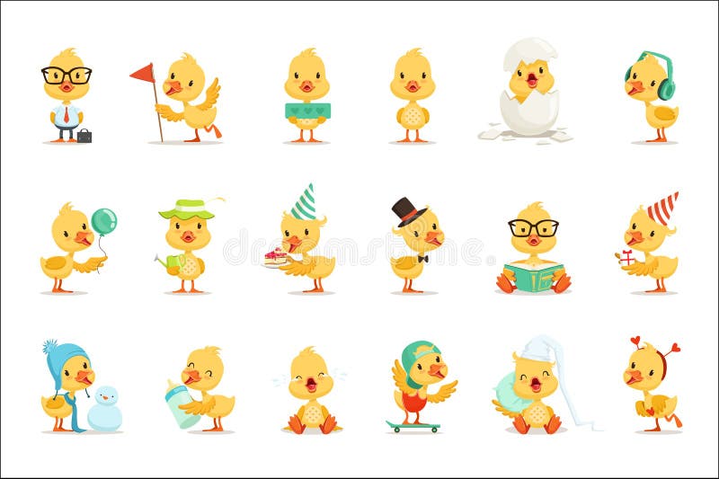 Little Yellow Duck Chick Different Emotions And Situations Set Of Cute Emoji Illustrations. Humanized Wild Baby Bird Activities Cartoon Vector Stickers.