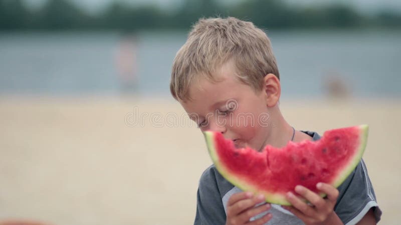 Litttle boy eating delicious watermelon on beach