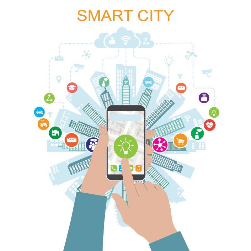 Liv i en smart stad med avancerat ilar service och ökad verklighet, social nätverkande, internet av saker, symboler vektor illustrationer