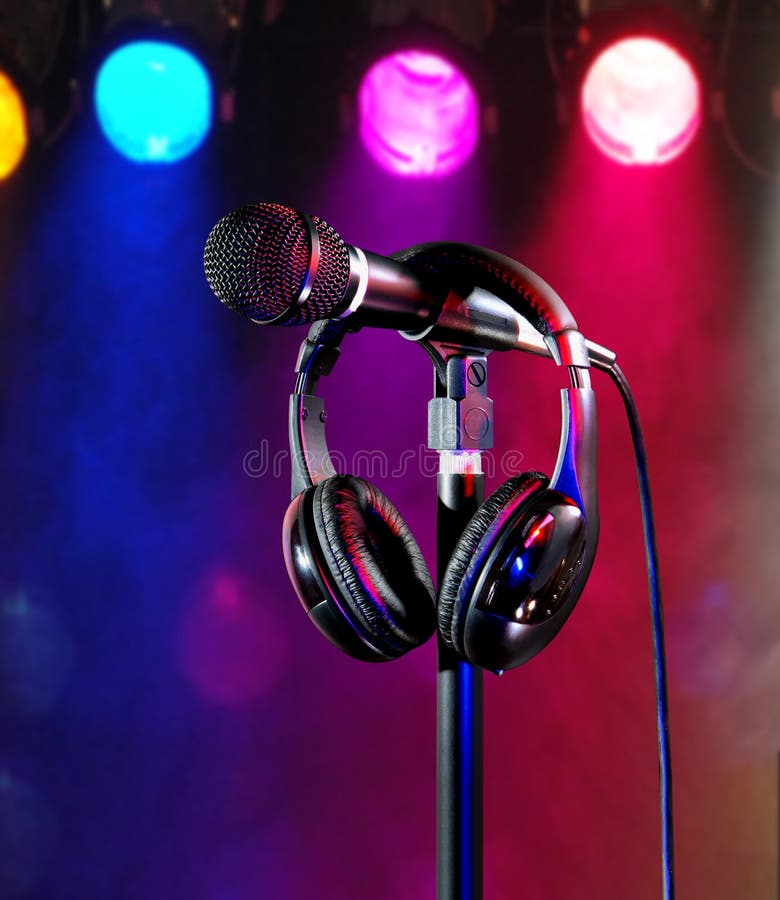 Live on Colorful Stage Singer Mic and Headset Stock Image Image of