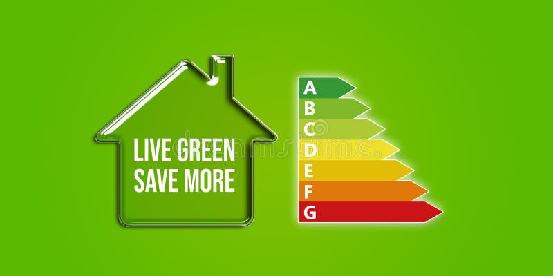 Live Green Save More-textmeddelande inuti eko-hemmet. Energieffektivitetsdiagram och grön bakgrund royaltyfri illustrationer