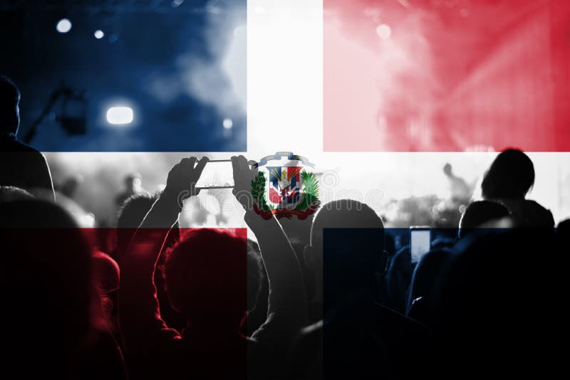 Live Music Concert with Blending Dominican Republic Flag on Fans Stock