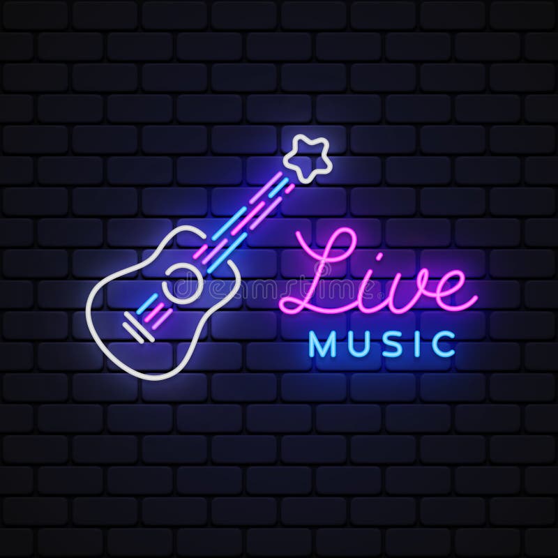 Live Music Neon on Light Background. Music Symbol Vector Stock Vector Illustration of guitar