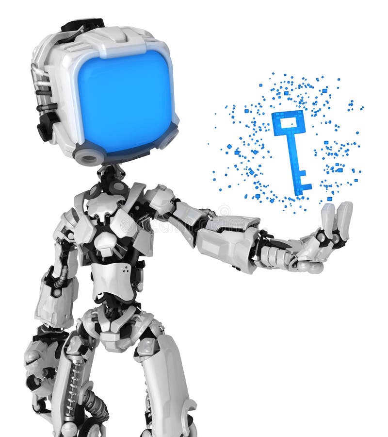 Live Screen Robot, Data Key. Screen robot figure character pose holding virtual data key, 3d illustration, horizontal, isolated