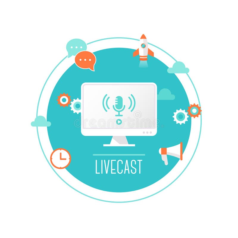 Livecast oder Netz-Strom-Illustration Computer mit Mikrofon-Ikone auf dem Schirm umgeben durch Technologie-Ikonen stock abbildung