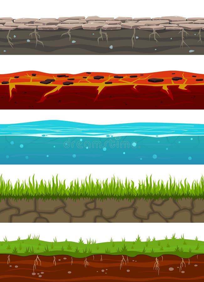 Livelli senza saldatura a terra Superfici di terre con terreno, suolo essiccato, acqua e ghiaccio, lava Livelli di paesaggio senz illustrazione vettoriale Livelli senza saldatura a terra Superfici di terre con terreno, suolo essiccato, acqua e ghiaccio, lava Livelli di paesaggio senz illustrazione vettoriale