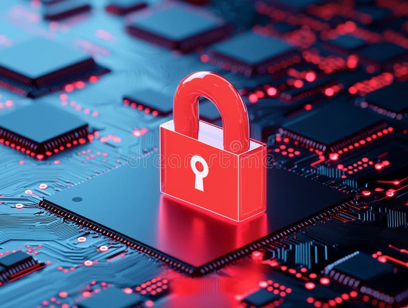 A lively digital lock icon displayed over a circuit board background, symbolizing contemporary cybersecurity and data royalty free illustration