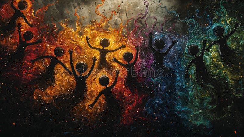 Vibrant dancing stick figures with dynamic energy and bold colors royalty free illustration