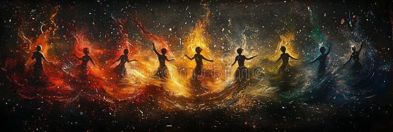 Vibrant dancing stick figures with dynamic energy and bold colors stock illustration