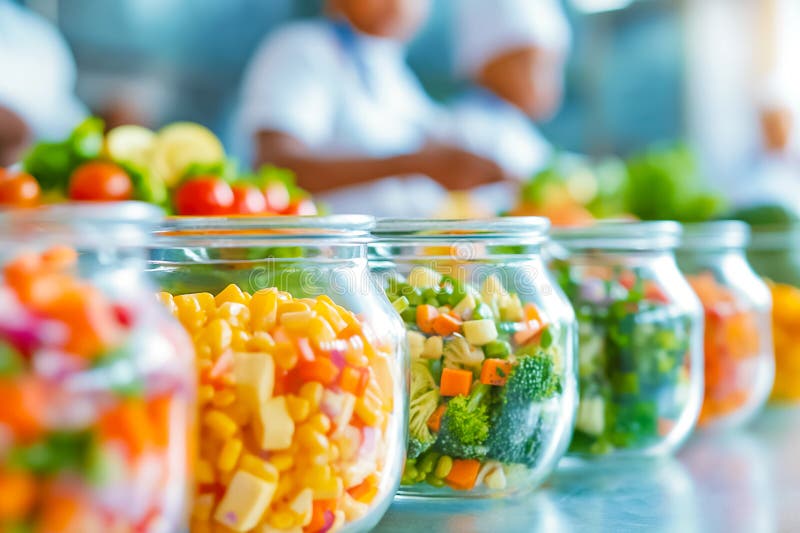 A lively kitchen buzzes with activity as chefs chop and prepare fresh vegetables, stored neatly in clear jars royalty free stock images