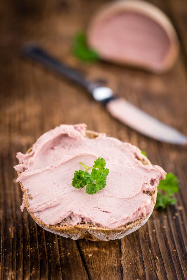 Liverwurst Sandwich Selective Focus on Vintage Wooden Backgrou Stock