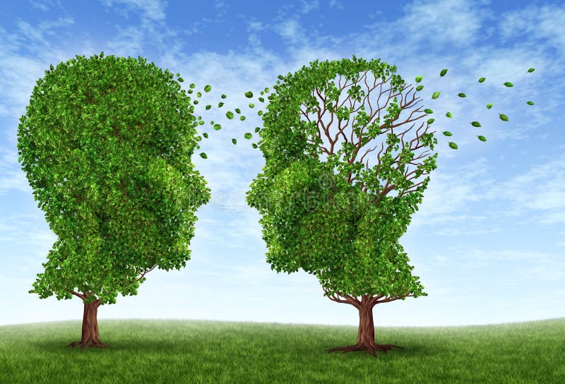 Vivere con la malattia di alzheimer con due alberi a forma di una testa umana e il cervello come un simbolo di stress e gli effetti propri cari e gli assistenti per la perdita di memoria e l'intelligenza cognitiva funzione.