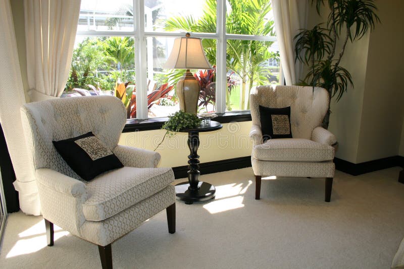 Living area with view of garden stock photos Living area with view of garden stock photos