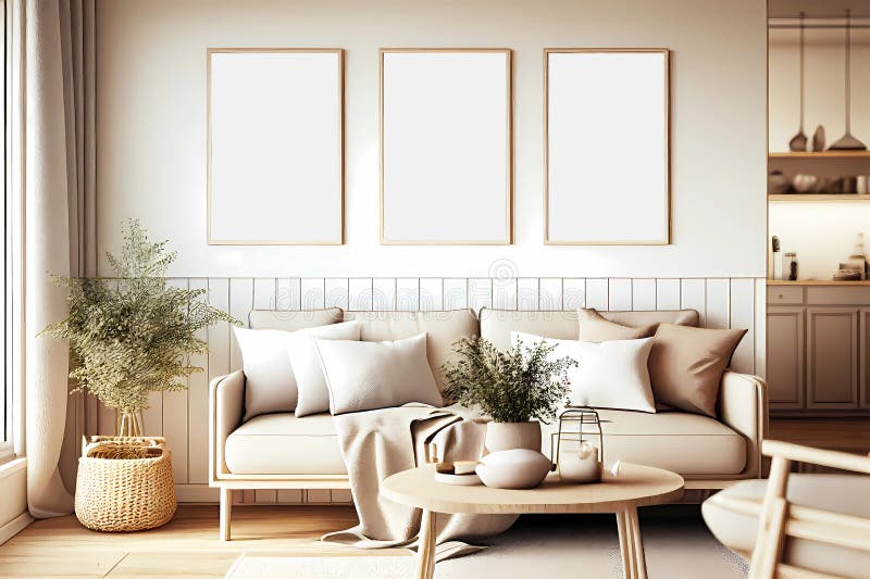 Living Room with Beige Boho Interior Design. Generative Ai Stock Photo ...