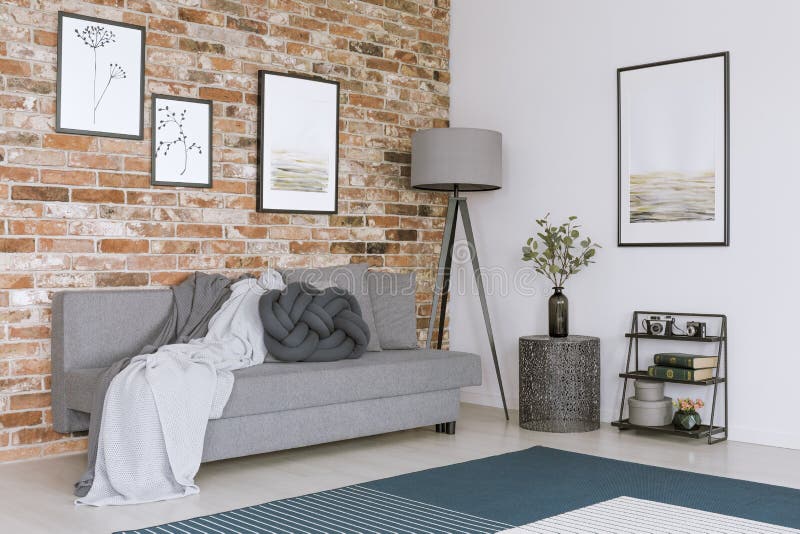 Living Room with Brick Wall Stock Photo - Image of living, blanket ...
