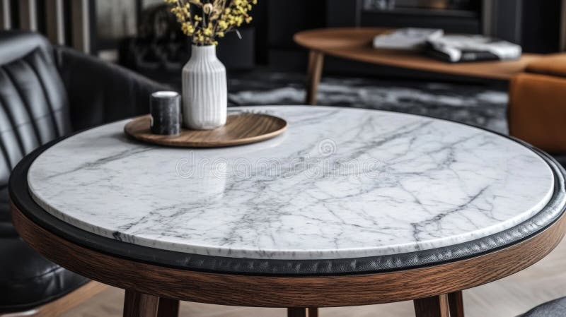 Living room dcor, a circular marble table with delicate patterns, set against a softly blurred, cozy living room evoking stock photography
